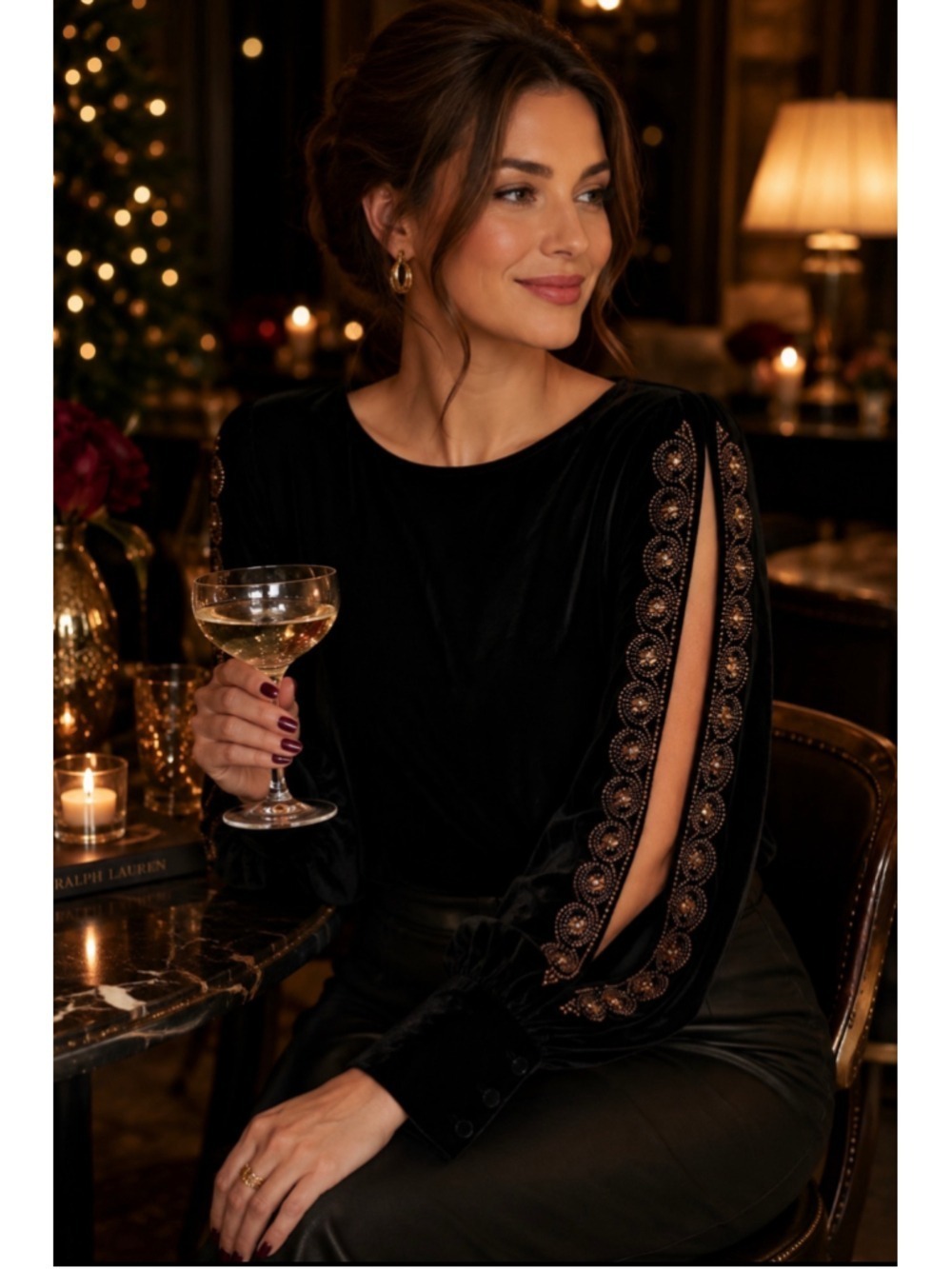 Lauren Ralph Lauren Black Velvet Beaded Sleeve Blouse Small Copper Embellished